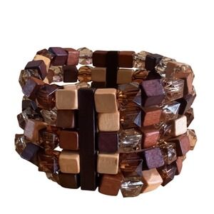 Boho Brown Wooden Cube  Crystal Beaded Multi Strand Stretch Cuff Bracelet